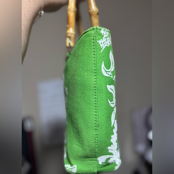 Kate Spade Green and White Floral Tote w rhinestones & Bamboo Handles - EUC Rare - Picture 9 of 16